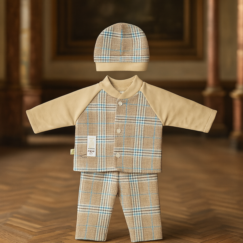 Baby Boy Winter Suit 3 Piece Set | Dark Green Check Shirt, Pajama & Cap