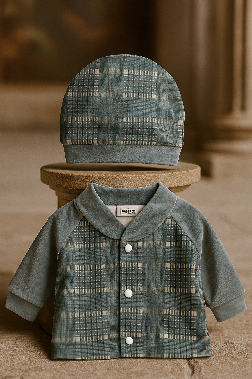 Baby Boy Winter Suit 3 Piece Set | Dark Green Check Shirt, Pajama & Cap
