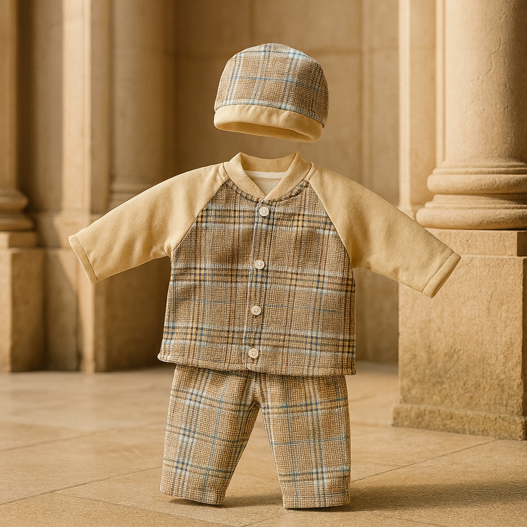 Baby Boy Winter Suit 3 Piece Set | Dark Green Check Shirt, Pajama & Cap
