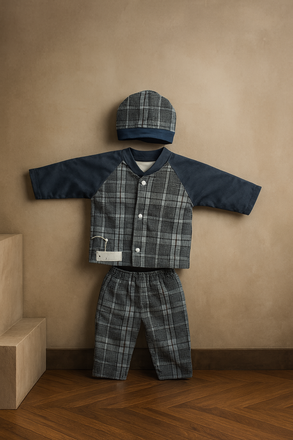 Baby Boy Winter Suit 3 Piece Set | blue Check Shirt, Pajama & Cap