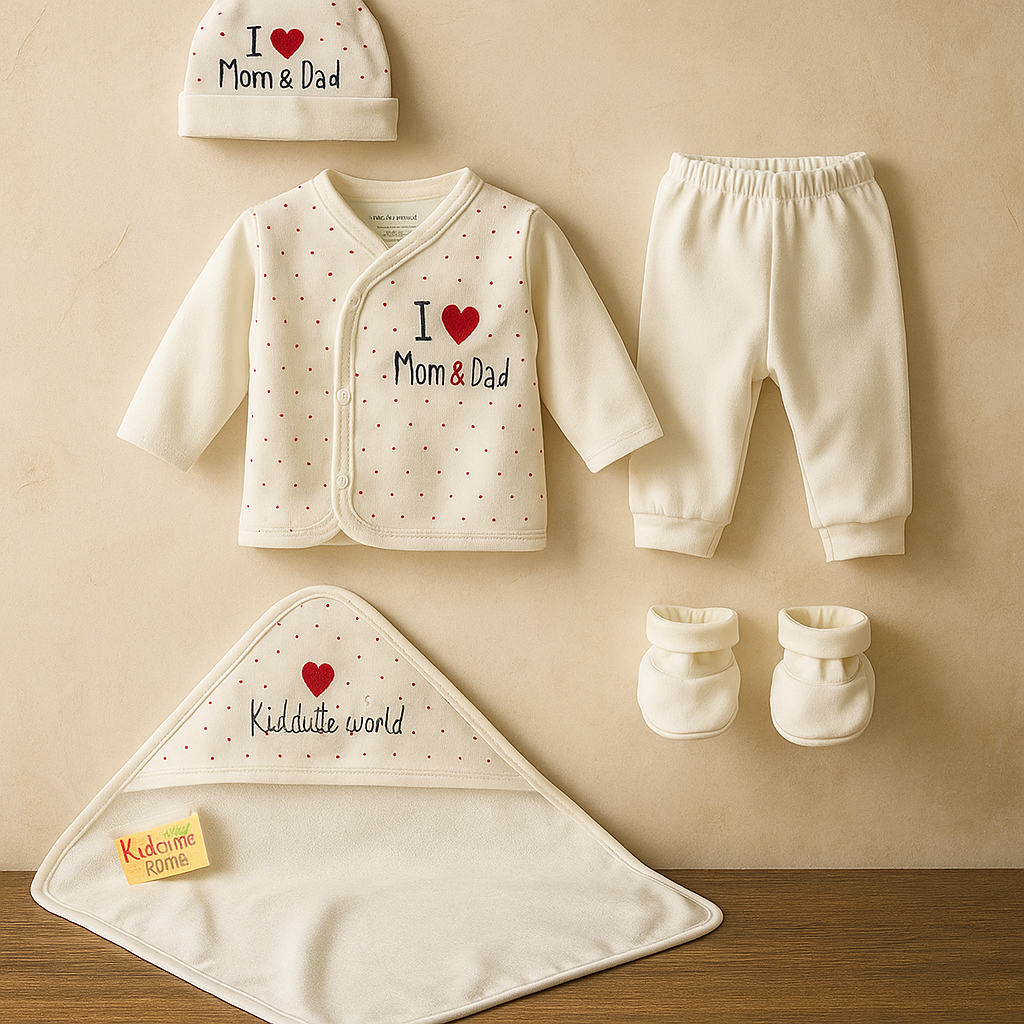 Newborn Baby Gift Set | 6 Piece Cotton Clothing Set with “I Love Mom & Dad” Design