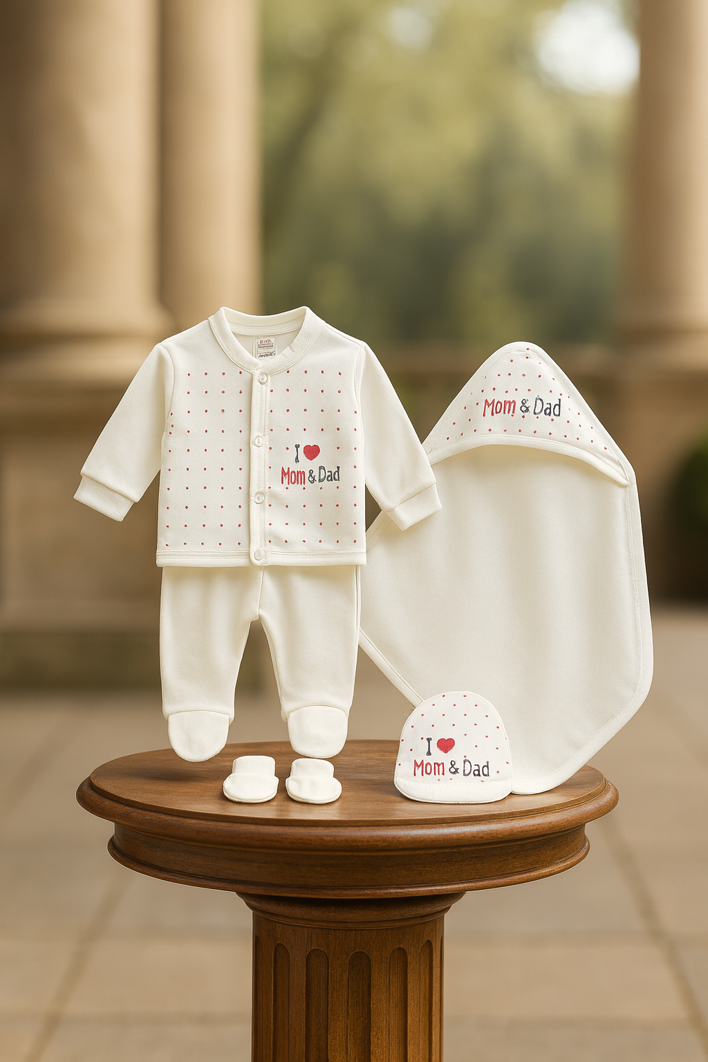 Newborn Baby Gift Set | 6 Piece Cotton Clothing Set with “I Love Mom & Dad” Design