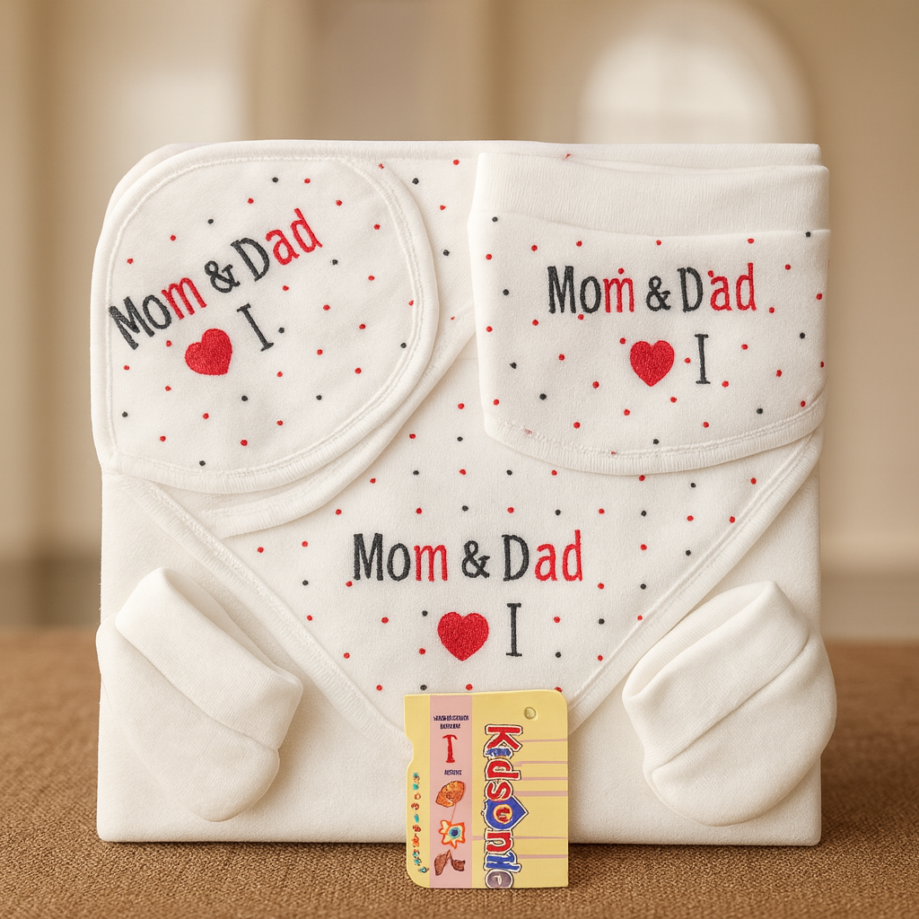 Newborn Baby Gift Set | 6 Piece Cotton Clothing Set with “I Love Mom & Dad” Design
