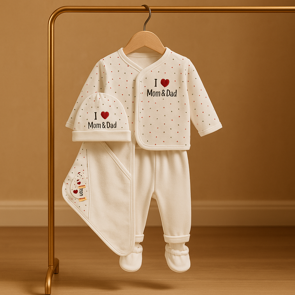 Newborn Baby Gift Set | 6 Piece Cotton Clothing Set with “I Love Mom & Dad” Design