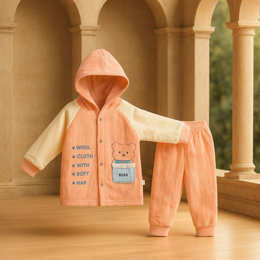 Winter Wool Baby Suit for Boys & Girls – 2-Piece Hoodie & Pants Set | Soft Nap Fabric with Cartoon Bear Design