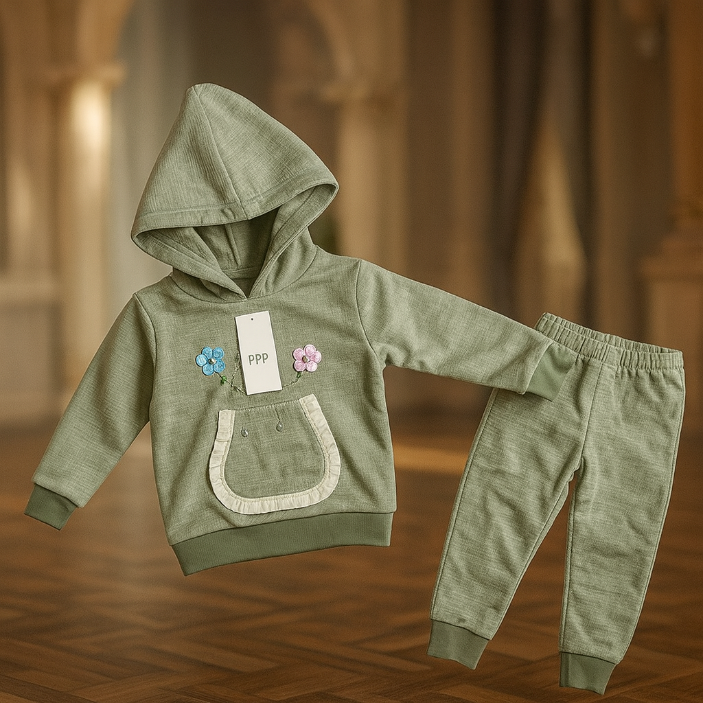 Baby boy/Girl Hoodie Suit Set – 2-Piece Winter Outfit with Frill Pocket & Flower Embroidery | Soft & Stretchable Warm Fabric for Toddlers