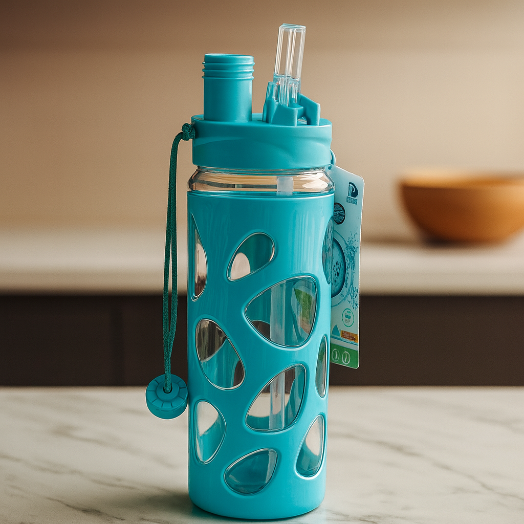 Portable Kids Water Bottle with Straw – 500ml Leakproof Glass Bottle with Silicone Grip Cover