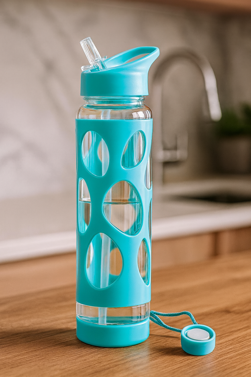 Portable Kids Water Bottle with Straw – 500ml Leakproof Glass Bottle with Silicone Grip Cover
