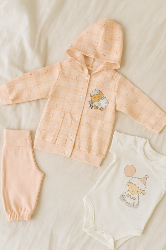 Baby Girl 3-Piece Clothing Set | Peach Hooded Top, Soft Pajama & Printed Bodysuit | Cotton Winter Outfit with Cute Sheep Design