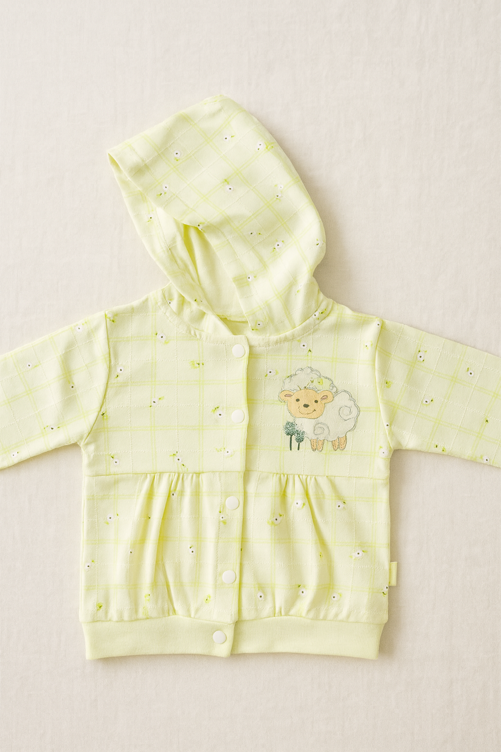 3-Piece Baby Boy Clothing Set in Light Yellow | Hoodie, Pajama & Printed Bodysuit | Soft Cotton Baby Dress with Cartoon Sheep Design