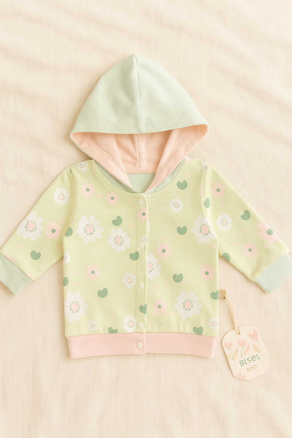 Baby boy 3-Piece Cotton Outfit Set – Parrot Green Floral Hoodie, Printed Romper & Pajama Pants