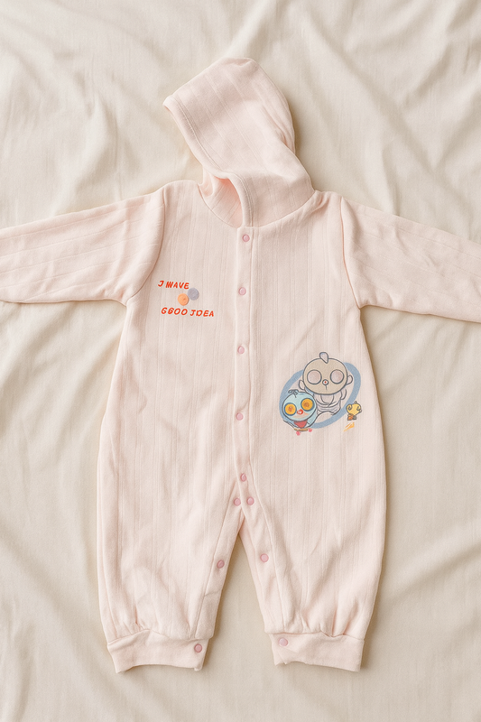 Baby Hooded Romper for Winter – Soft Cotton Quilted Jumpsuit with Cartoon Print | Warm Full Sleeves Baby Onesie for Newborns & Infants