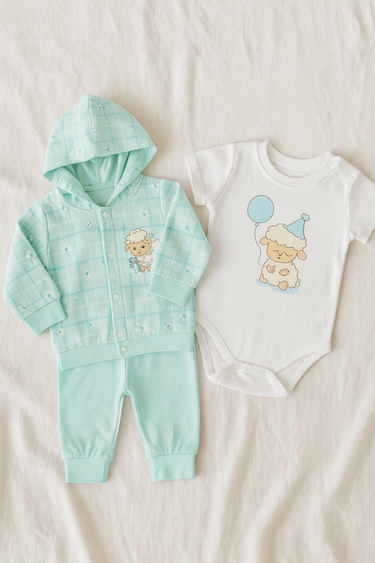 3-Piece Baby Clothing Set for Newborn Boys | Mint Green Hoodie, Pajama & Printed Bodysuit