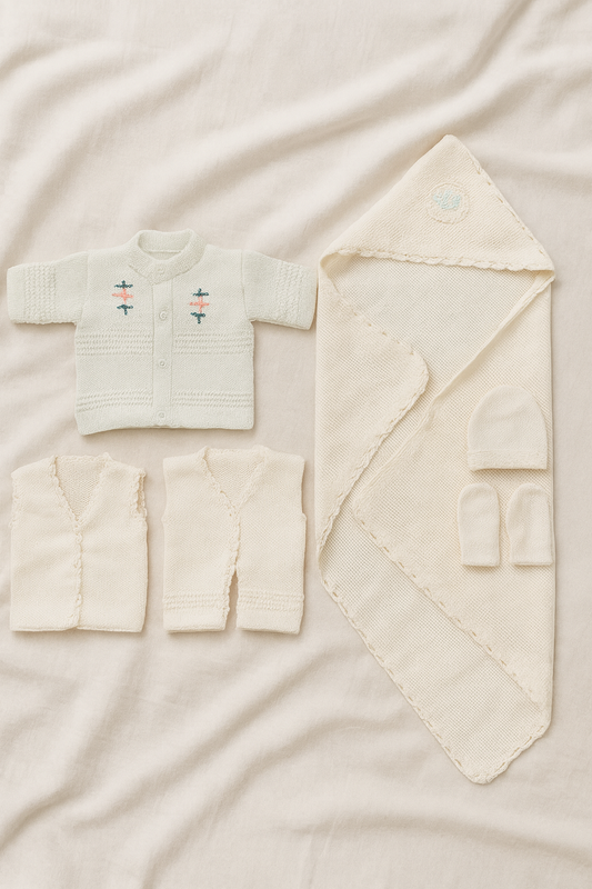 6-Piece Newborn Baby Wool Knitted Winter Set – Hand Knitted Warm Woolen Suit for Baby Girl/Boy
