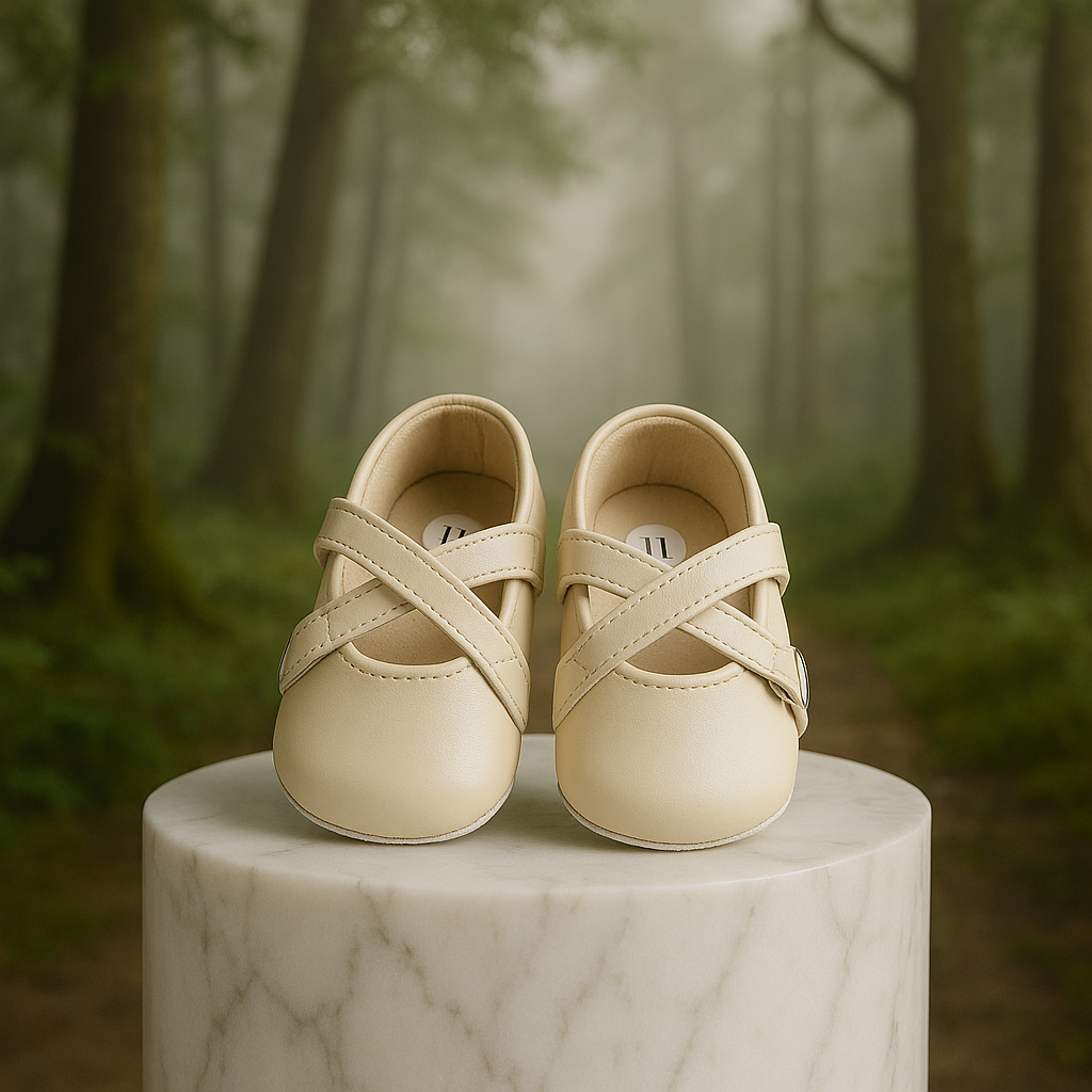 Baby Girl Soft Sole Shoes – Cream PU Leather Criss-Cross Strap First Walkers