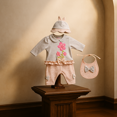 3 Piece Baby Girl Clothes Set – Shirt, Pants & Bib | Floral Embroidery | Newborn Outfit (0–12 Months)