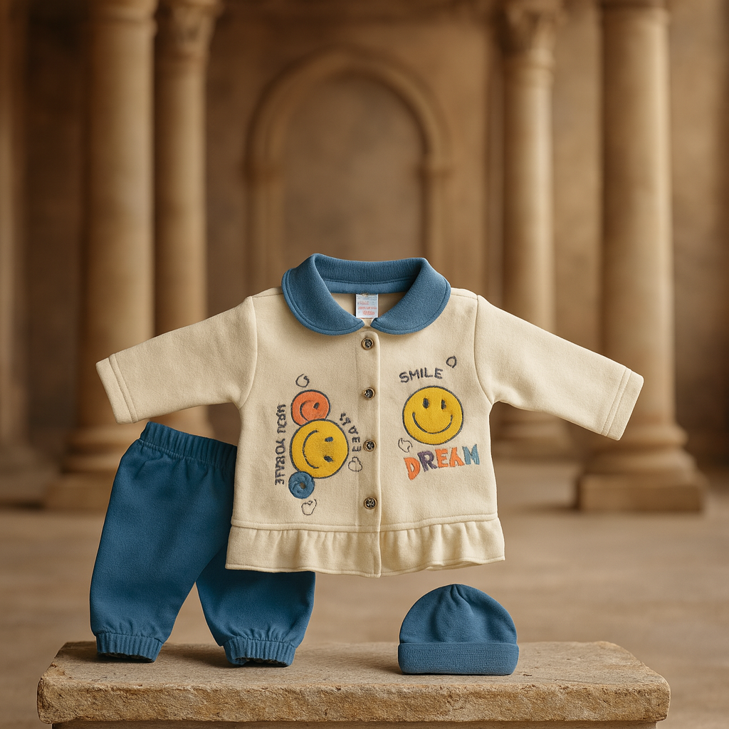 Baby Suit 2 Piece Set – Warm Fleece Dress Shirt with Smiley Print & Soft Pajama for Baby Boy/Girl