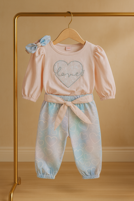 Baby Girl 2 Piece Suit | Cotton Top with Love Heart Design