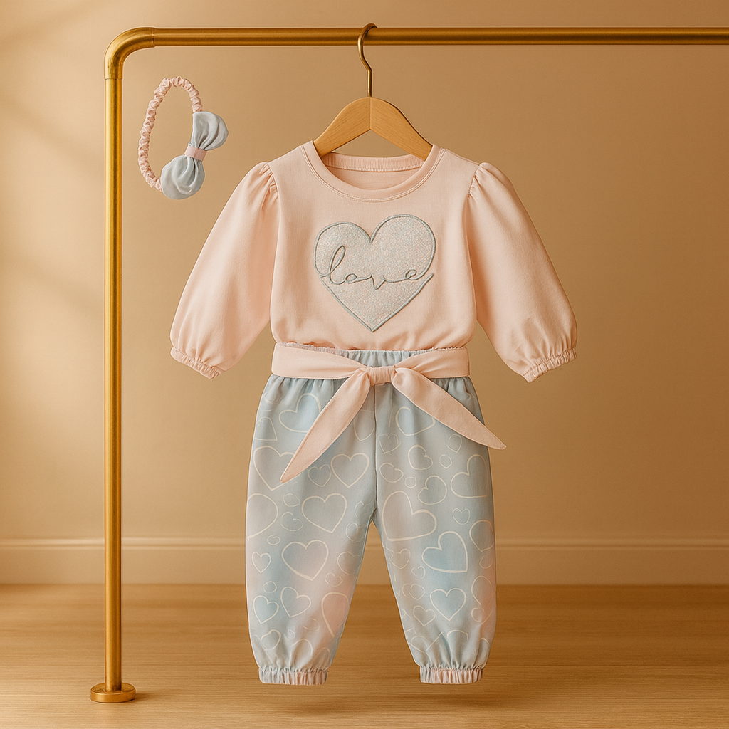 Baby Girl 2 Piece Suit | Cotton Top with Love Heart Design