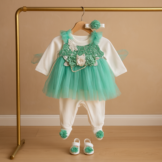 Newborn Baby Girl Fancy 5 Piece Party Wear Dress Set – Net Frock with Embroidery, Leggings, Headband, Shoes & Bodysuit – Stylish Outfit for Eid, Birthday ETC