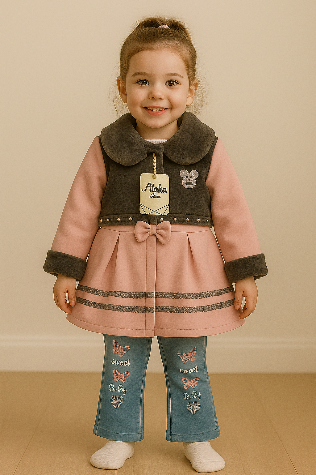 Sweet Baby Winter Outfit – Fur Vest, Dress & Jeans Set