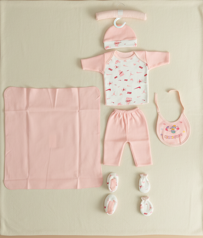 Newborn Baby Clothing Gift Set 8 Pcs – Soft Cotton Shirt Pajama, Cap, Bib, Mittens, Socks, Towel, Hanger
