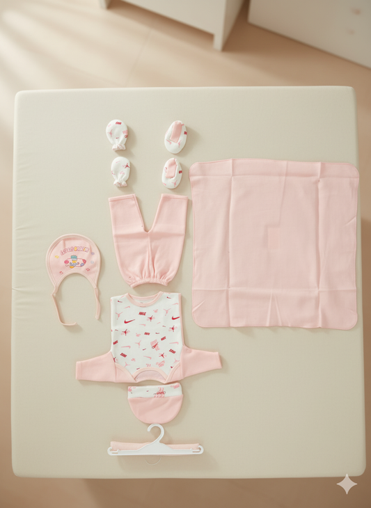 Newborn Baby Clothing Gift Set 8 Pcs – Soft Cotton Shirt Pajama, Cap, Bib, Mittens, Socks, Towel, Hanger