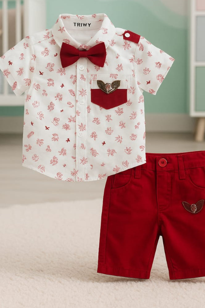 Sunshine Bloom Baby boy Summer Set – Floral Top & Red Shorts