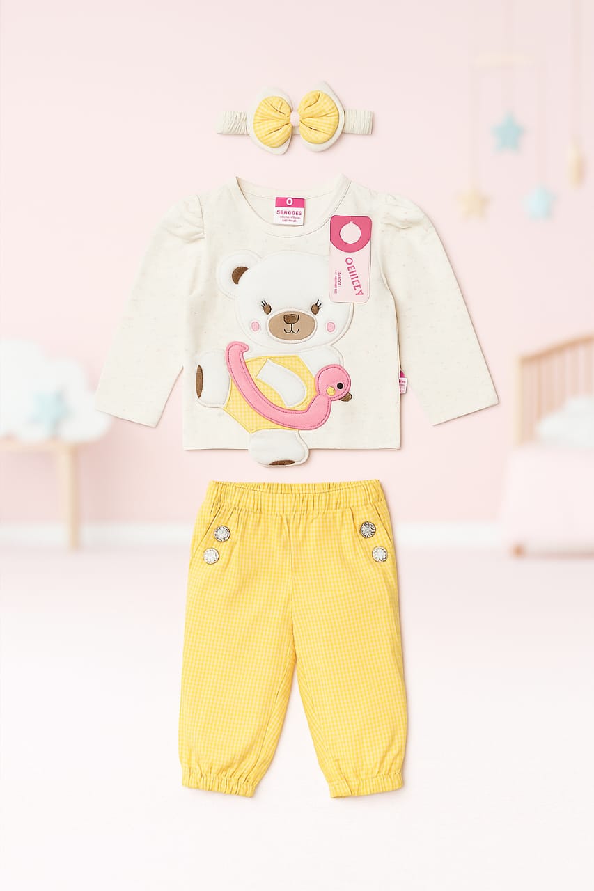 Cute Bear Baby Outfit Set – 3Pc Cotton Suit with Headband (Mint Green)