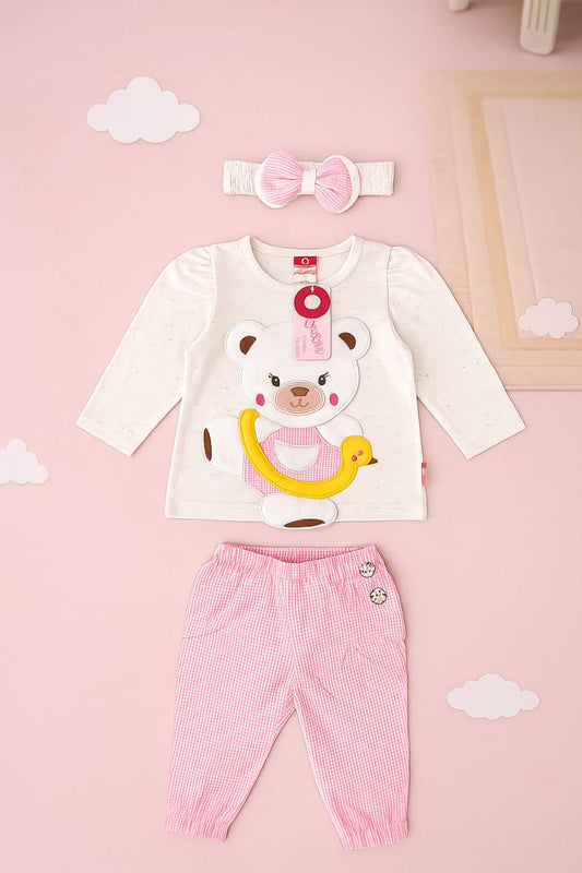 Cute Bear Baby Outfit Set – 3Pc Cotton Suit with Headband (Mint Green)