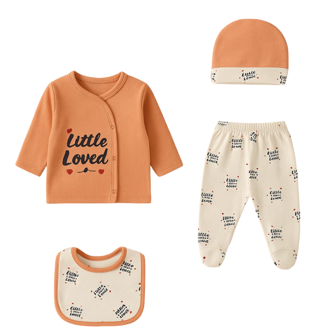 Little & Loved" 4-Piece Baby Outfit Set – Cozy Taupe with Heart Accents