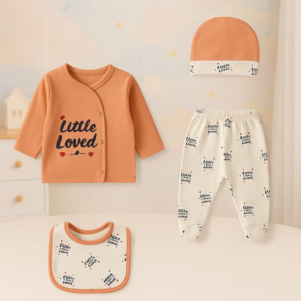 Little & Loved" 4-Piece Baby Outfit Set – Cozy Taupe with Heart Accents