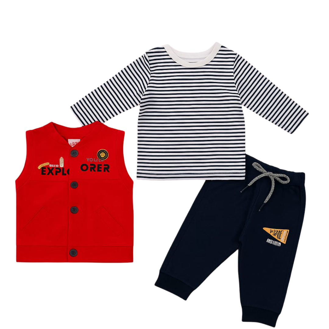 Baby Boy Winter Outfit 3 Piece Set | Full Sleeve Striped Shirt
