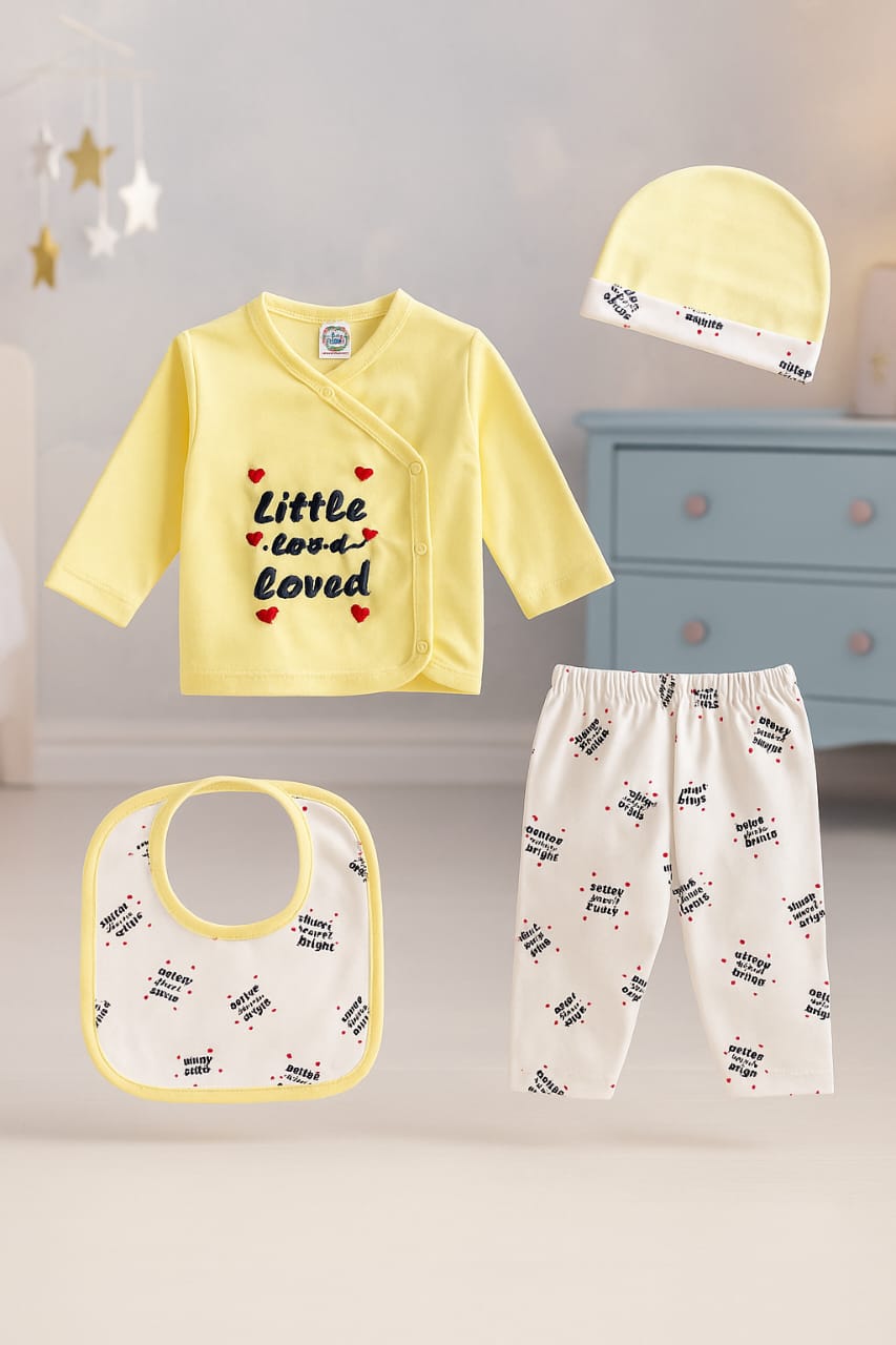Little & Loved" 4-Piece Baby Outfit Set – Cozy Taupe with Heart Accents