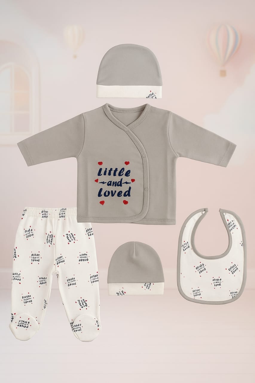 Little & Loved" 4-Piece Baby Outfit Set – Cozy Taupe with Heart Accents