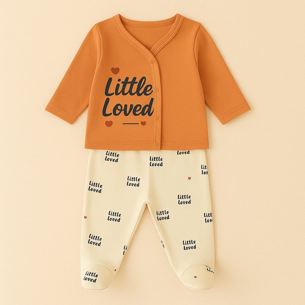 Little & Loved" 4-Piece Baby Outfit Set – Cozy Taupe with Heart Accents