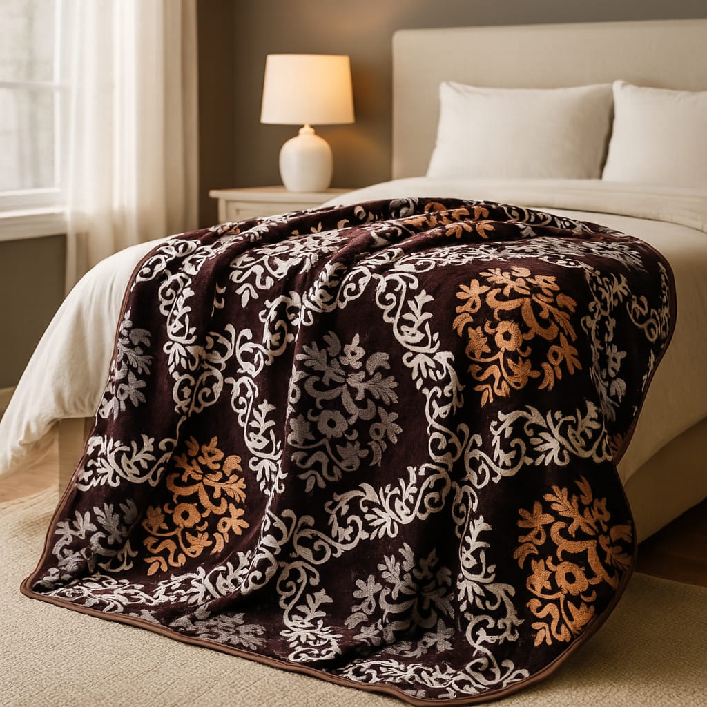 Soft Printed Blanket for Bed – dark brown with White Pattern