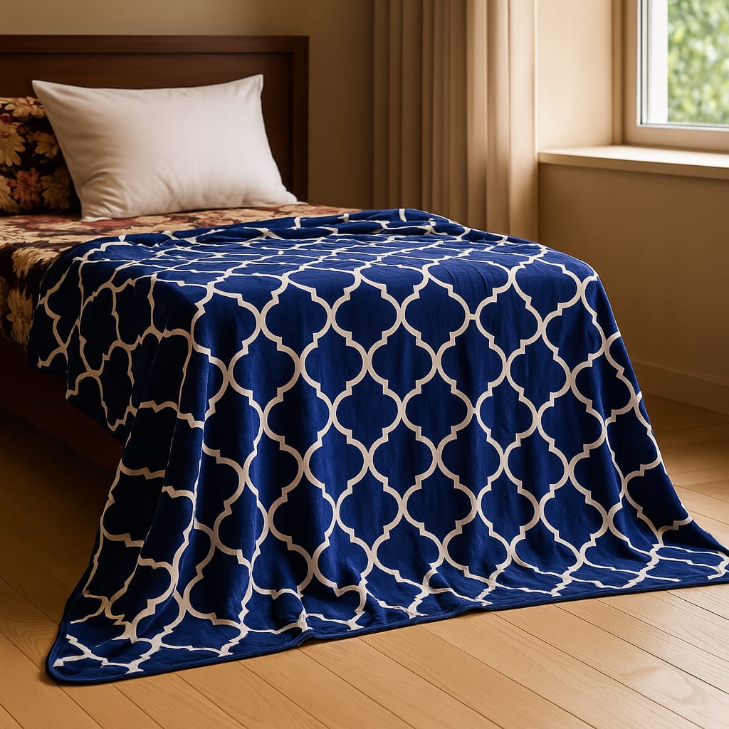 Soft Printed Blanket for Bed – Navy Blue with White Pattern