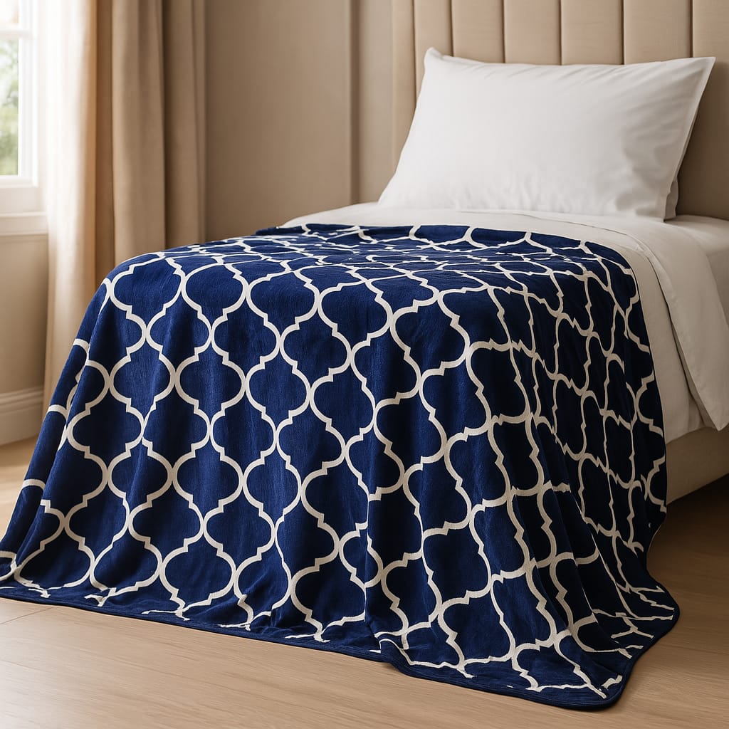 Soft Printed Blanket for Bed – Navy Blue with White Pattern