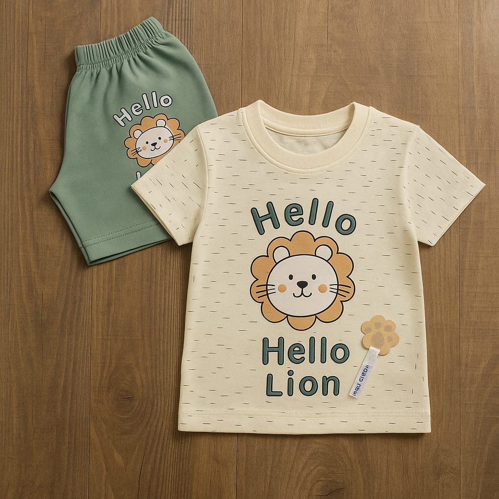 Baby Summer Suit Set - Hello Lion T-Shirt & Shorts for Boys & Girls (2 Sizes)