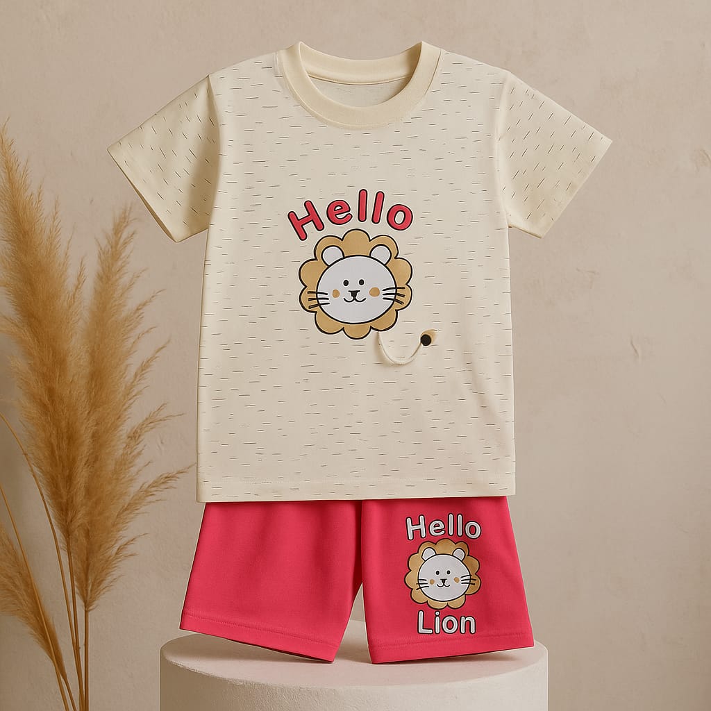 Baby Summer Suit Set - Hello Lion T-Shirt & Shorts for Boys & Girls (2 Sizes)