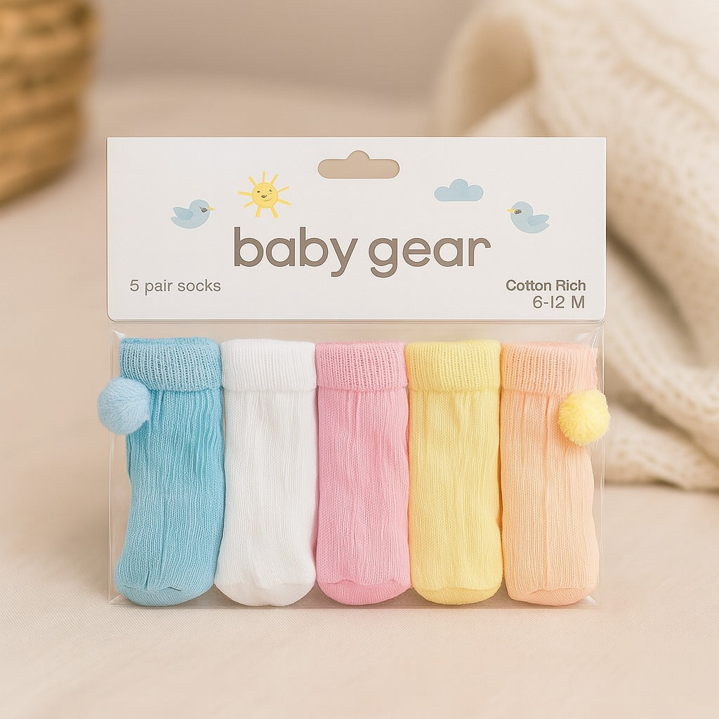 Baby Socks 0-12 Months pack of 5 Pair – Soft Cotton Fancy Ankle Socks