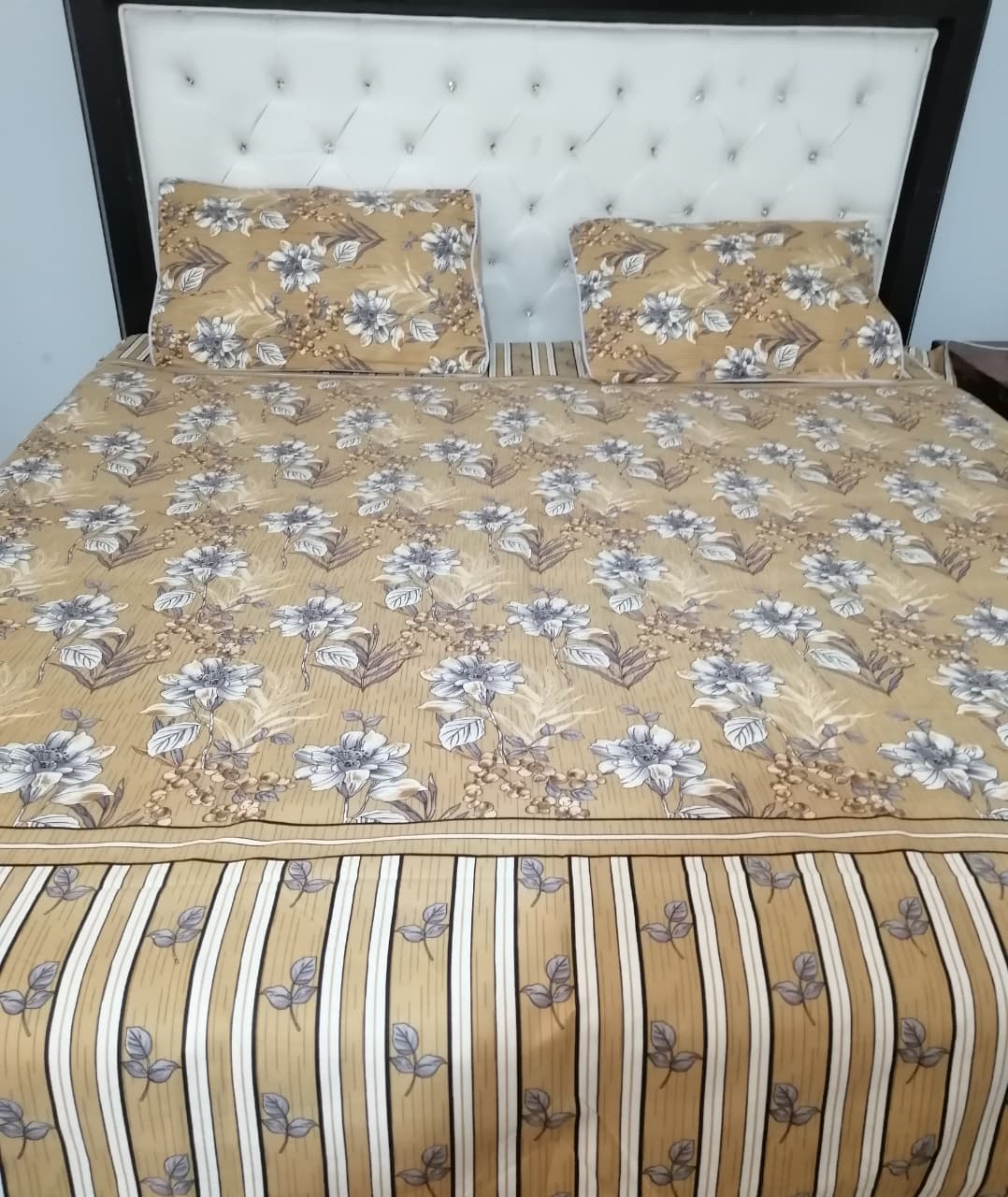 Floral Printed Double Bed Sheet Set | Mustard & Grey Flowers with Striped Border Design