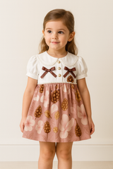 Autumn Bloom Baby Frock – Pearl Button Dress with Floral Skirt & Bow Accents