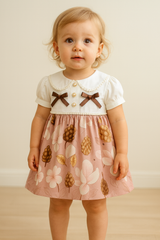 Autumn Bloom Baby Frock – Pearl Button Dress with Floral Skirt & Bow Accents