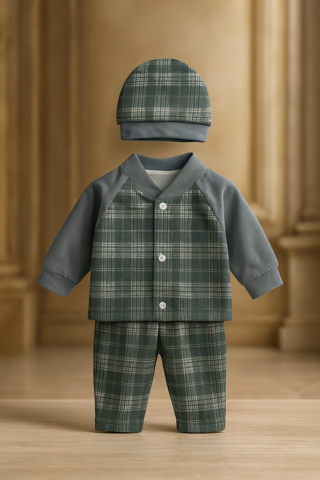 Baby Boy Winter Suit 3 Piece Set | Dark Green Check Shirt, Pajama & Cap