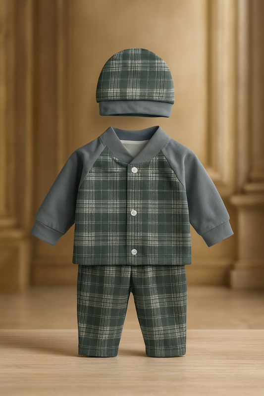 Baby Boy Winter Suit 3 Piece Set | Dark Green Check Shirt, Pajama & Cap