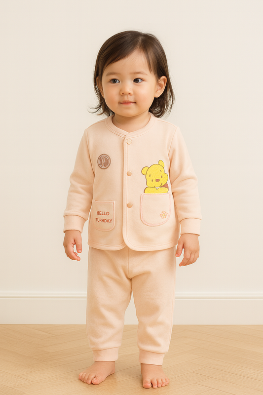 Newborn Baby Winter Suit 2-Piece Set | pink Soft Cotton Knitted Baba Suit with Cute Bear Embroidery