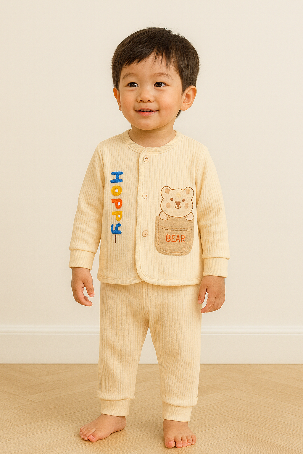 Newborn Baby Winter Suit 2-Piece Set | Beige Soft Cotton Knitted Baba Suit with Cute Bear Embroidery