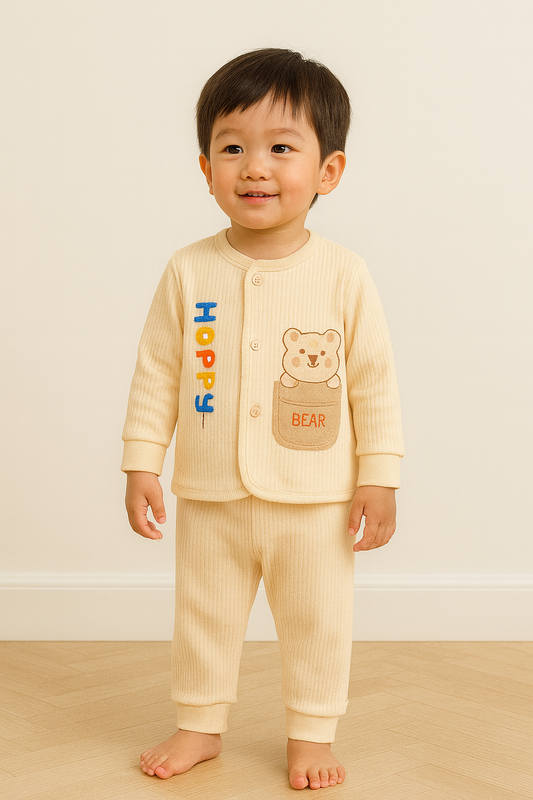 Newborn Baby Winter Suit 2-Piece Set | Beige Soft Cotton Knitted Baba Suit with Cute Bear Embroidery